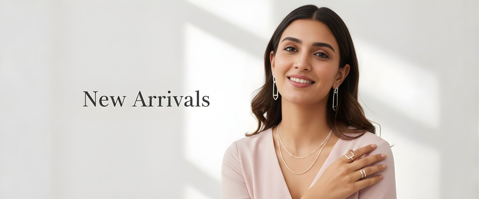 Woman wearing new arrival silver jewellery set including earrings, necklace and rings